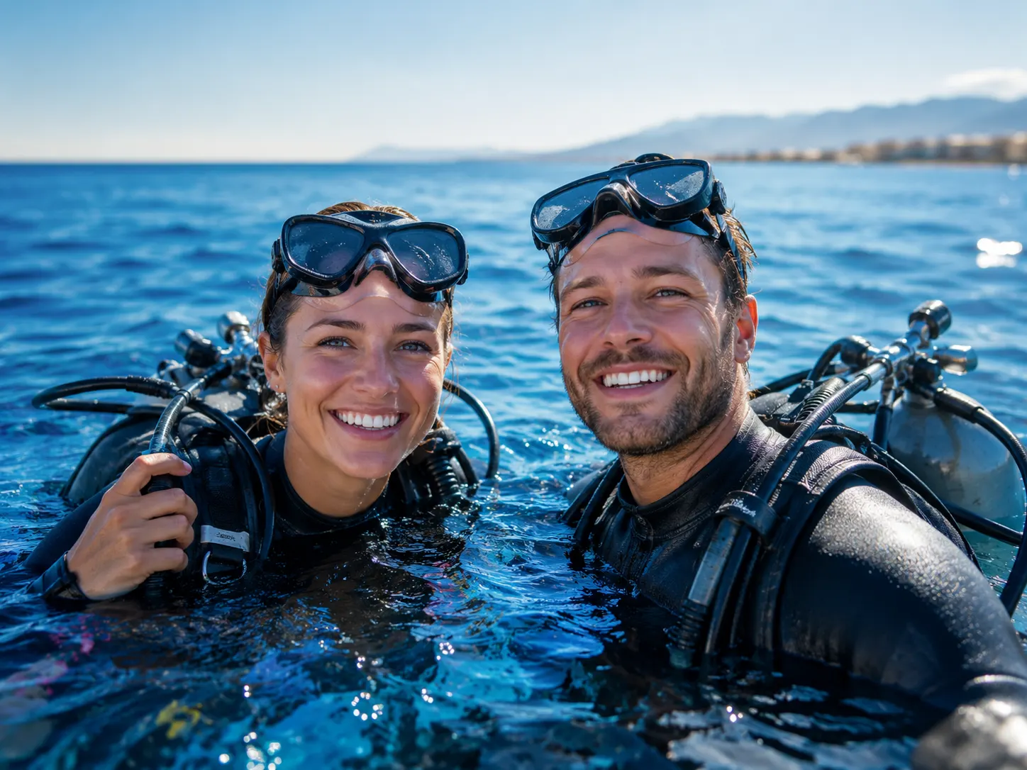 Couple de plongeurs souriants à la surface après une plongée à Hurghada