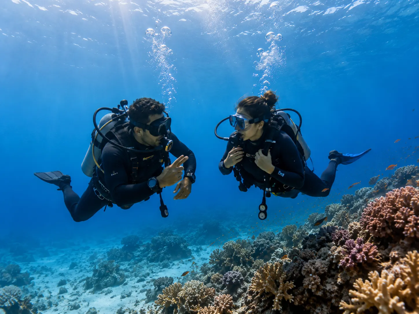 Plongeur sous les rayons du soleil au-dessus d'un récif corallien de la mer Rouge à Hurghada