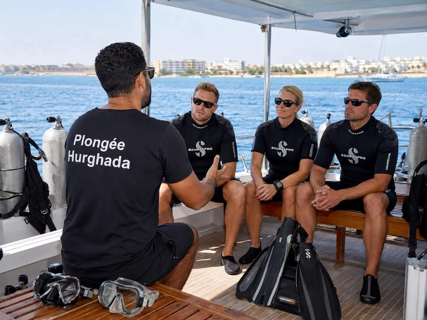 Groupe de plongeurs écoutant le briefing à bord du bateau à Hurghada