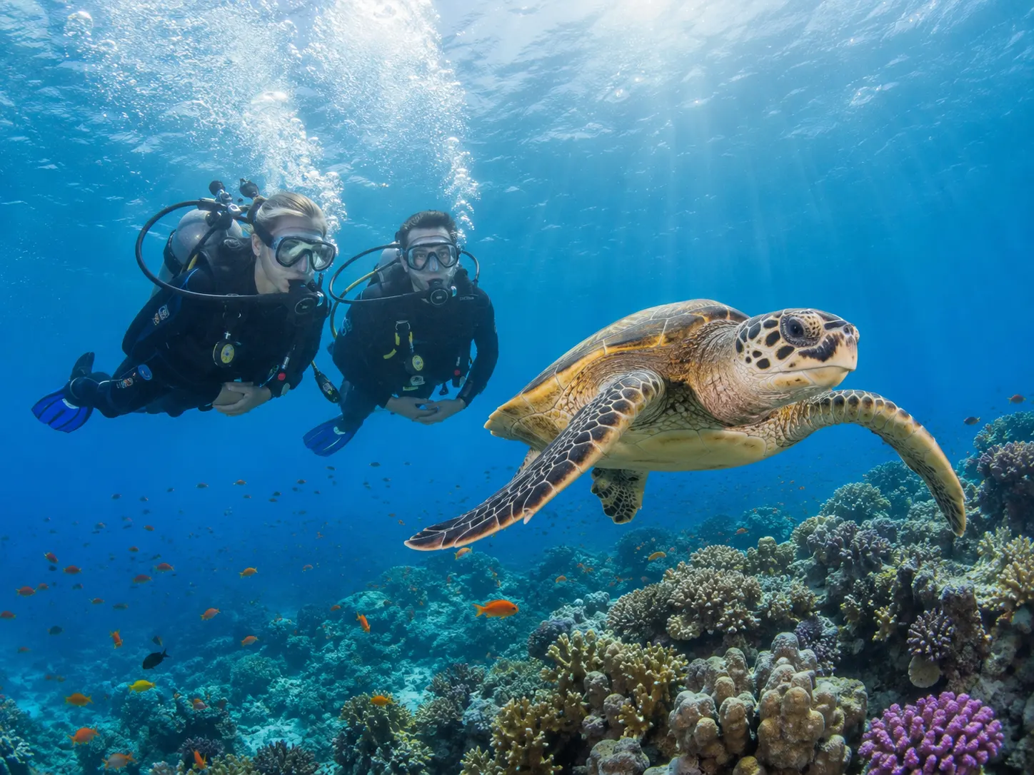Plongeur observant une tortue marine sur le récif à Hurghada