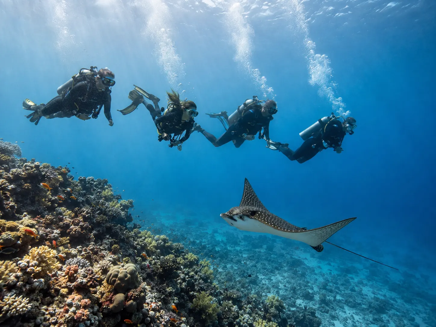 Petit groupe de plongeurs nageant ensemble dans la mer Rouge